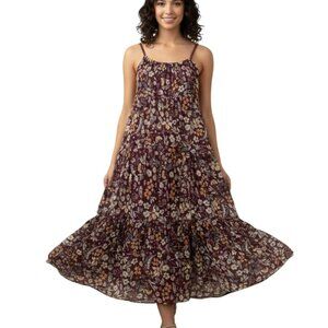 Elena Baldi Floral Burgundy Tiered Maxi Dress S Boho Italy Party Vacation Chic